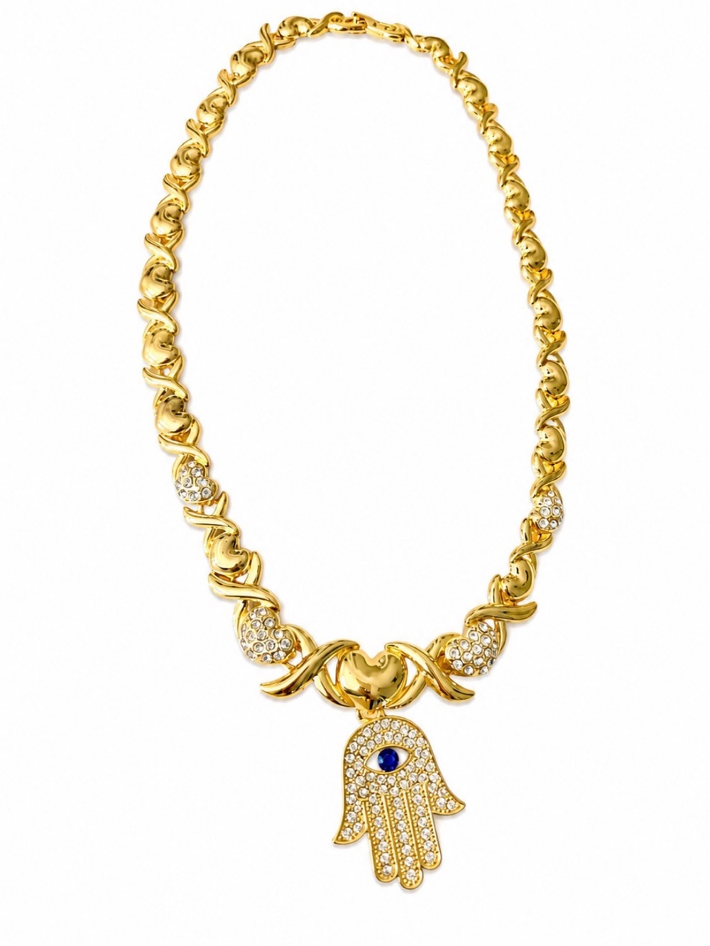 GOLD TONE EVIL EYE HAMSA PENDANT NECKLACE SPARKLING RHINESTONE STATEMENT JEWELRY
